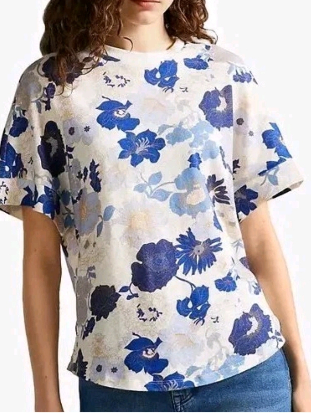 Ted Baker Kylea Women Linen Cotton T Shirt Floral White Blue 1 XS S Slit Relaxed